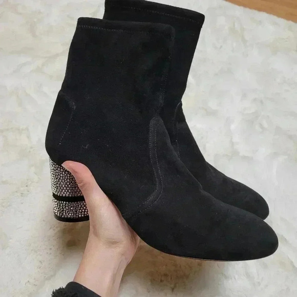 Stuart Weitzman Black Suede Leather Sock Boots Rhinestone Heel Diamond Size 9.5 - Picture 4 of 10